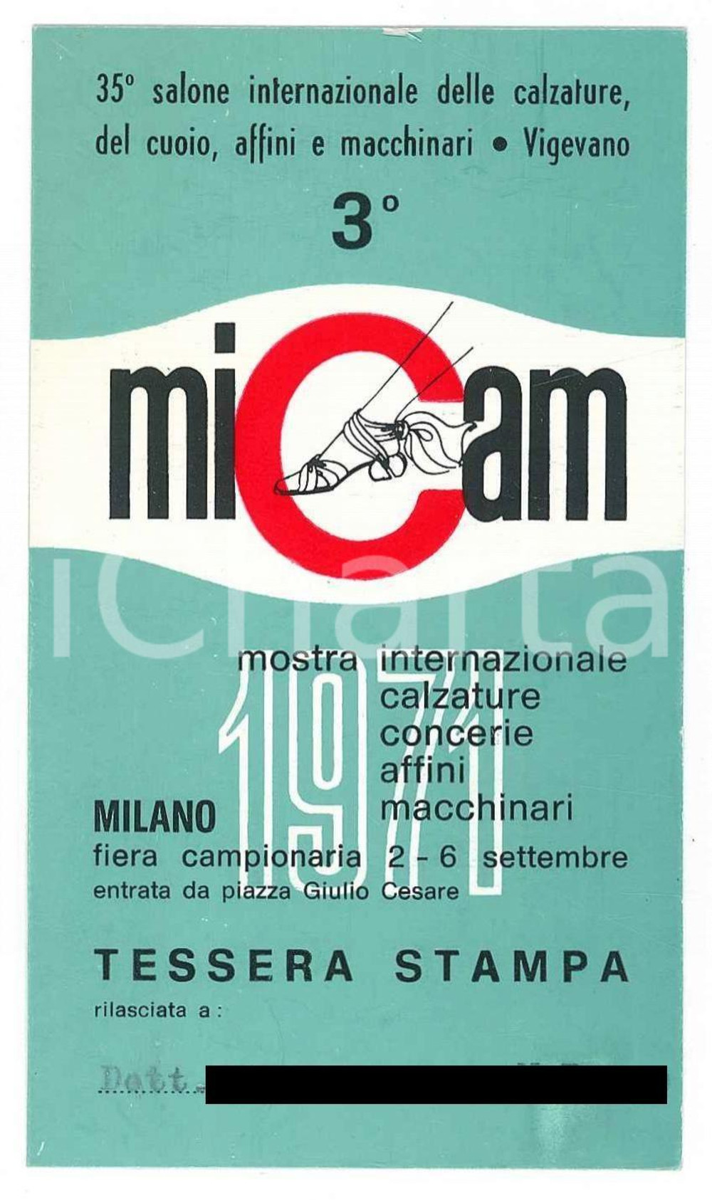 Oggetto da collezione cartaceo 1971 VIGEVANO  MICAM 35Â° Salone delle calzature  Tessera 6x11 cm 1
