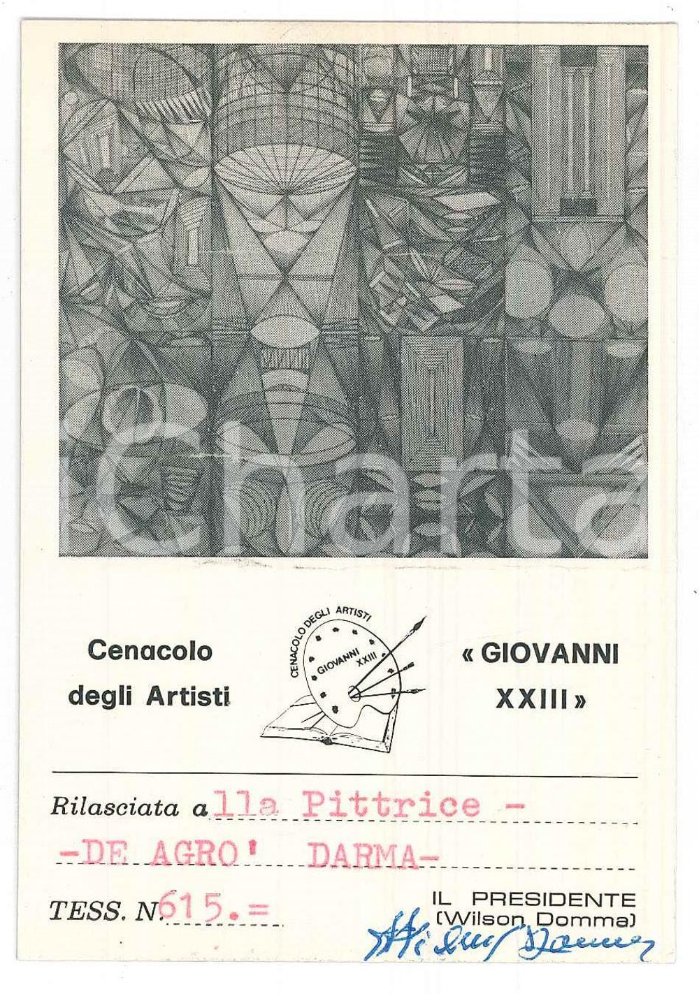 Oggetto da collezione cartaceo 1971 Cenacolo degli artisti Giovanni XXIII  Tessera ILLUSTRATA 7x11 cm 1
