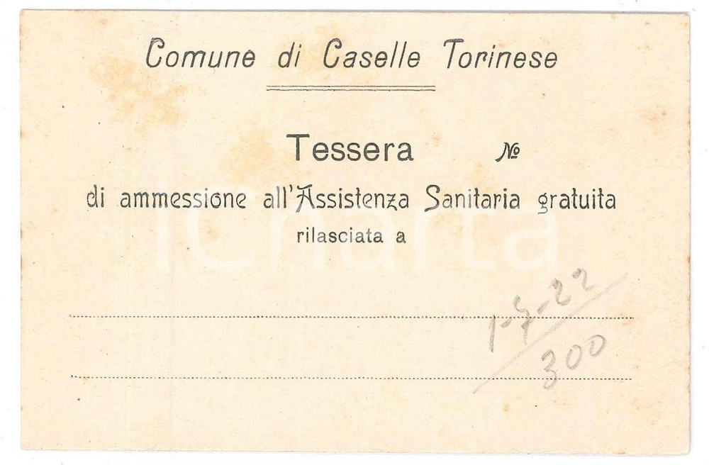 Oggetto da collezione cartaceo 1922 CASELLE TORINESE Tessera per assistenza sanitaria gratuita 10x7 cm 1