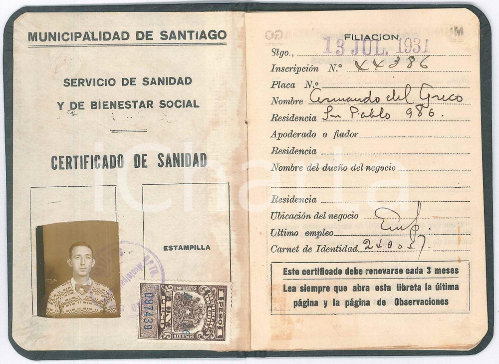 Oggetto da collezione cartaceo 1931 SANTIAGO CHILE Servicio sanidad y bienestar social  Certificado de sanidad 1