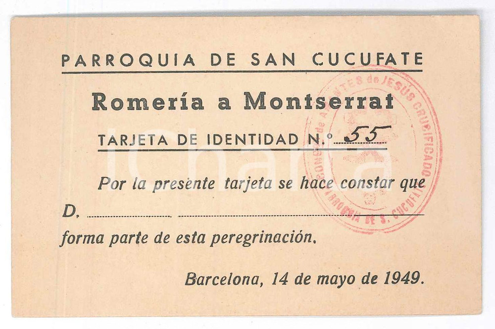 Oggetto da collezione cartaceo 1949 BARCELONA Parroquia de SAN CUCUFATE RomerÃ¬a da Montserrat  Tarjeta 11x7 1