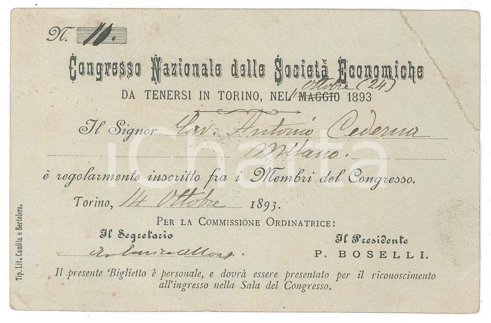 Oggetto da collezione cartaceo 1893 TORINO Congresso societÃ  economiche  Tessera Cavaliere Antonio CEDERNA 1