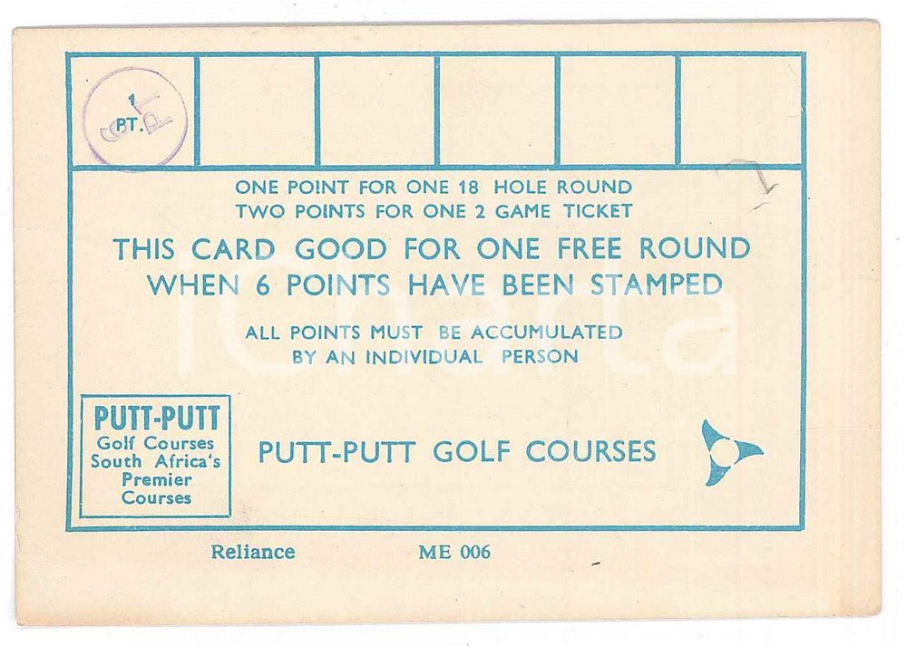 Oggetto da collezione cartaceo 1950 SOUTH AFRICA Puttputt golf courses  Card for one free round 10x7 cm 1