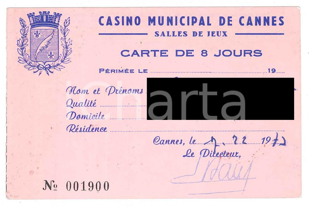 Oggetto da collezione cartaceo 1973 CASINO MUNICIPALE DE CANNES Salles de jeux  Carte de 8 jours 12x8 cm 1