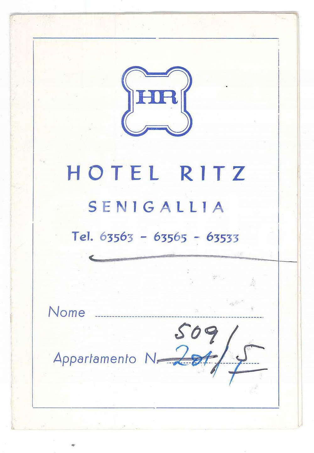 Oggetto da collezione cartaceo 1960 ca SENIGALLIA Hotel Ritz  Tessera appartamento 509/5  8x12 cm 1