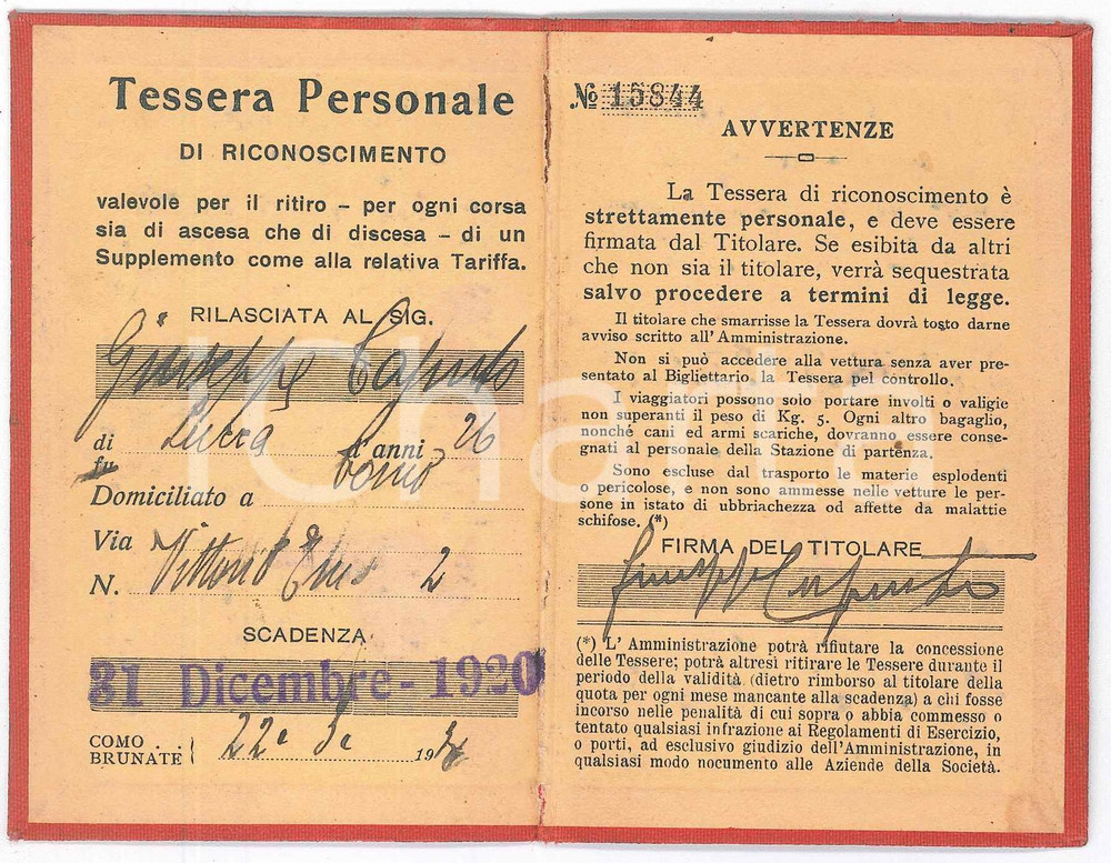 Oggetto da collezione cartaceo 1920 FUNICOLARE COMO  BRUNATE Tessera personale di riconoscimento 7x11 cm 1