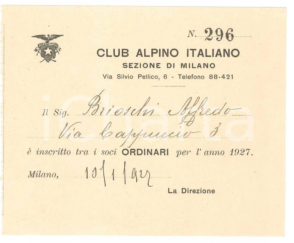 Oggetto da collezione cartaceo 1927 BRESCIA CLUB ALPINO ITALIANO Tessera socio Alfredo BRIOSCHI 1