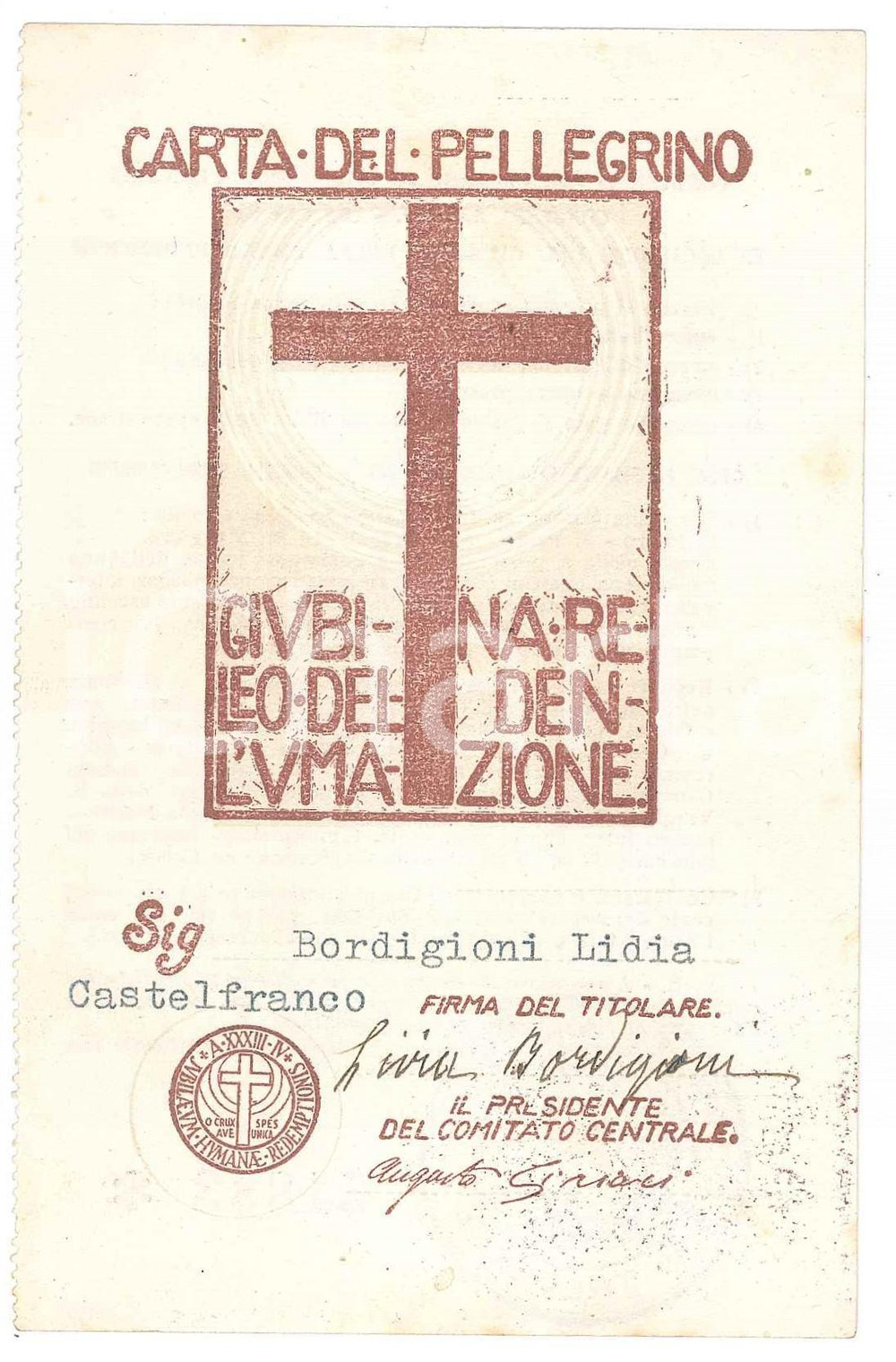 Oggetto da collezione cartaceo 1933 CASTELFRANCO VENETO Carta del pellegrino GIUBILEO DELL UMANA REDENZIONE 1