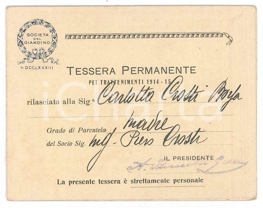 Oggetto da collezione cartaceo 1914 MILANO Società  del giardino  Tessera pei trattenimenti di Carlotta CROSTI 1