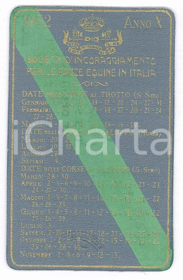 Oggetto da collezione cartaceo 1932 MILANO Società  incoraggiamento per razze equine in Italia  Tessera stampa 1