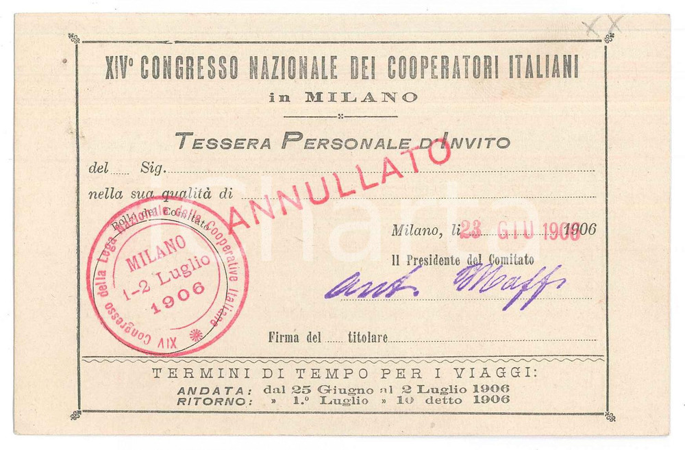 Oggetto da collezione cartaceo 1906 MILANO  XIV Congresso Nazionale Cooperatori Italiani  Tessera 14x9 cm 1