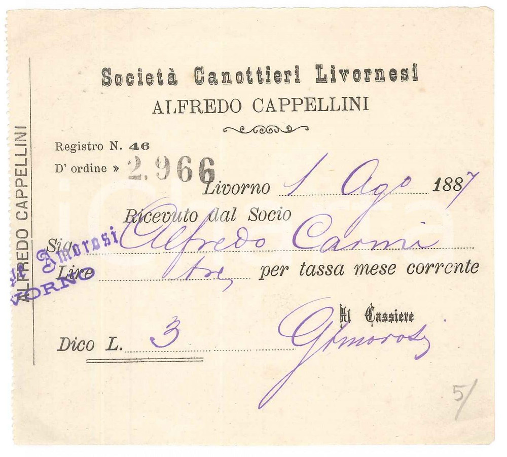 Oggetto da collezione cartaceo 1887 LIVORNO Soc. Canottieri Livornesi Alfredo Cappellini Tessera Alfredo CARMI 1