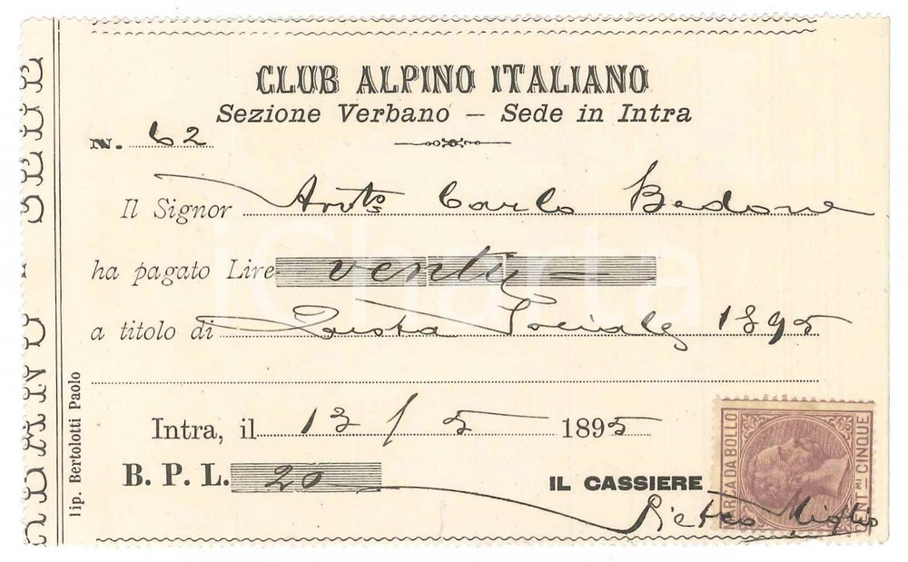 Oggetto da collezione cartaceo 1895 CAI Sezione VERBANO  INTRA Tessera Avv. Carlo BEDONE Club Alpino Italiano 1