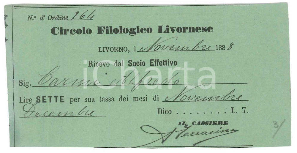 Oggetto da collezione cartaceo 1888 LIVORNO Circolo Filologico Livornese  Tessera di Alfredo CARMI 12x6 cm 1