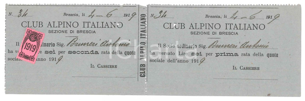 Oggetto da collezione cartaceo 1919 BRESCIA CLUB ALPINO ITALIANO Tessera socio Antonio BRUMERI 1