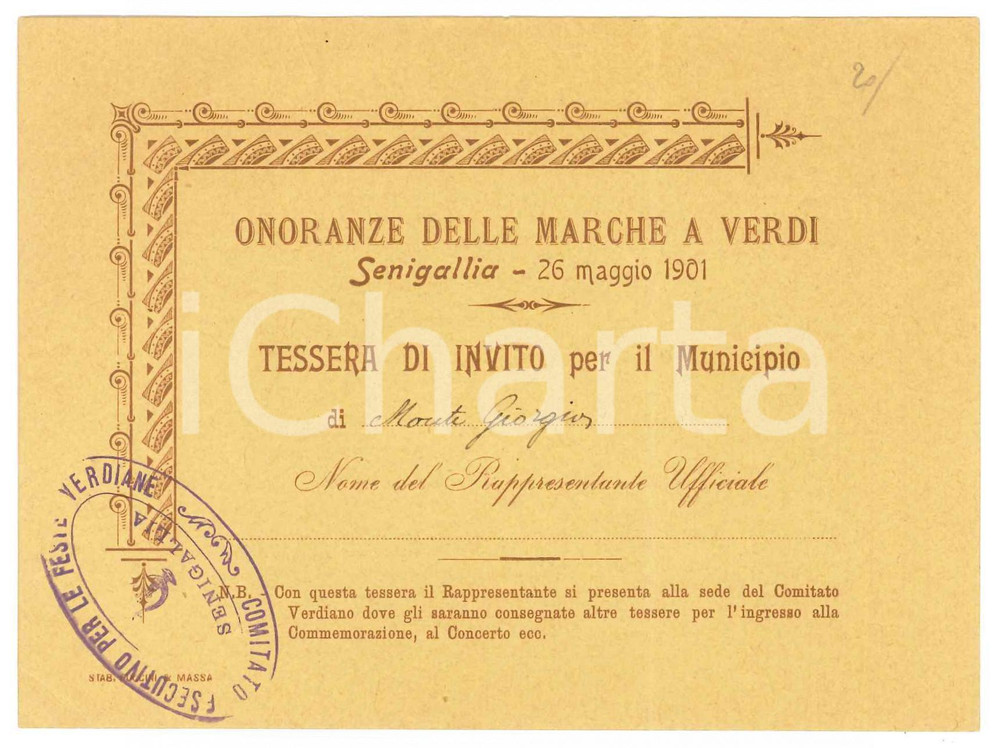 Oggetto da collezione cartaceo 1901 SENIGALLIA Comitato Verdiano Onoranze delle Marche a Giuseppe VERDI Tessera 1
