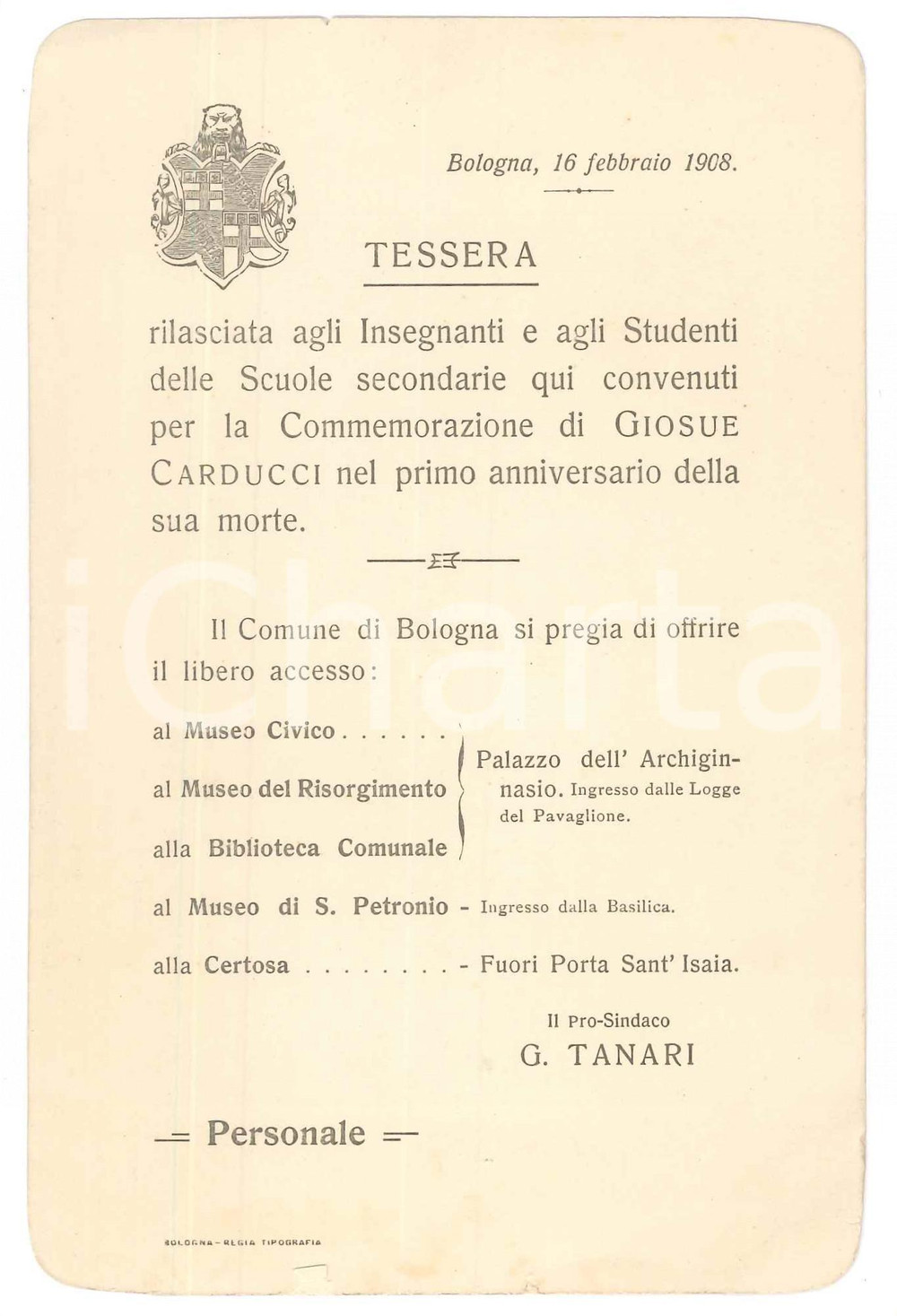 Oggetto da collezione cartaceo 1908 BOLOGNA Tessera scuole per commemorazione Giosué Carducci 1