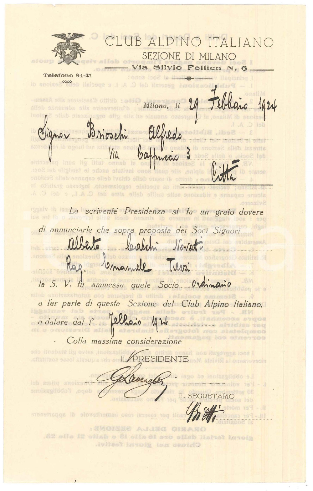 Documento originale, autentico 1924 MILANO CLUB ALPINO ITALIANO Lettera nuovo socio Alfredo BRIOSCHI 1