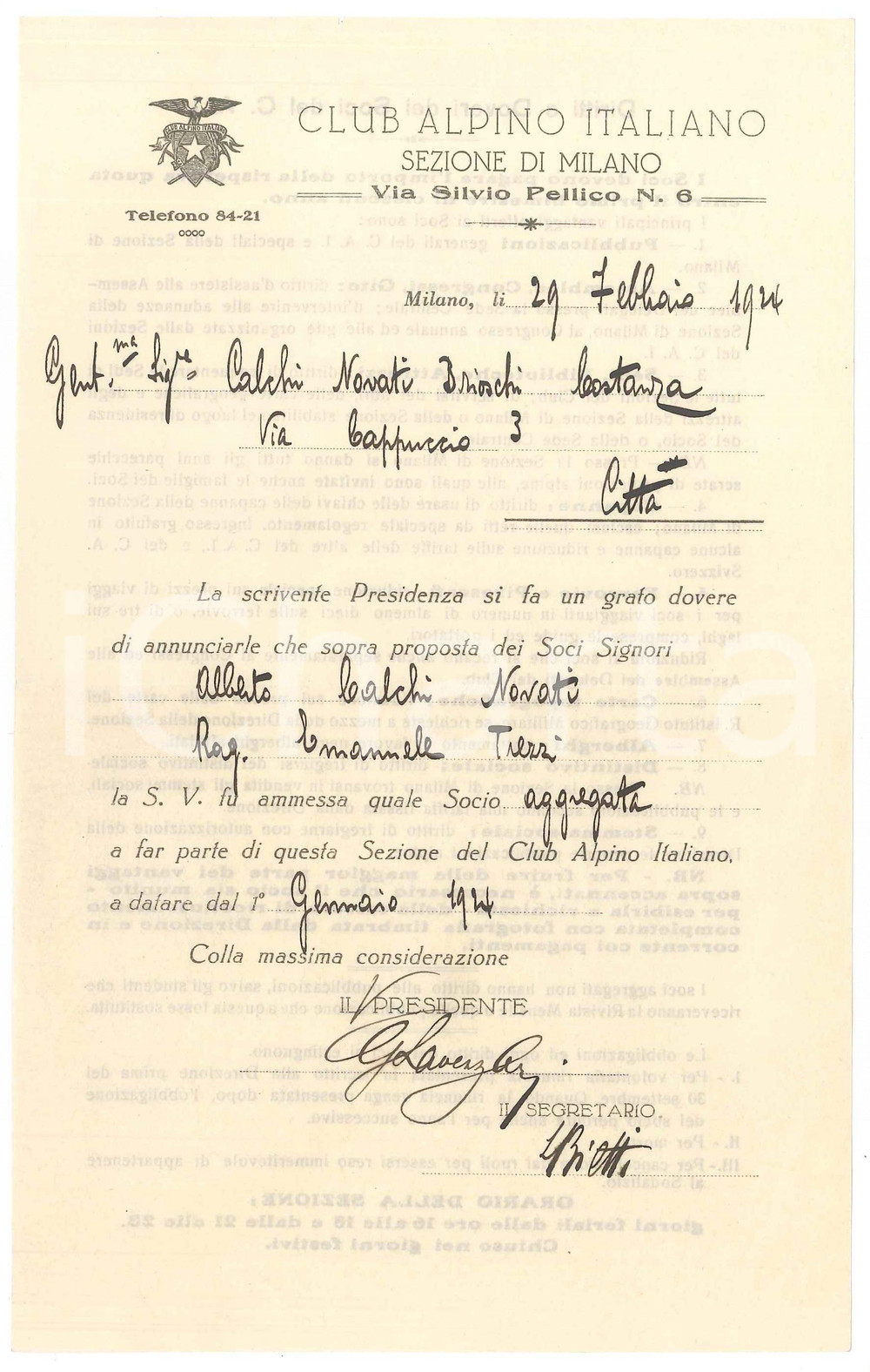 Documento originale, autentico 1924 MILANO CLUB ALPINO ITALIANO Lettera nuova socia Costanza BRIOSCHI 1