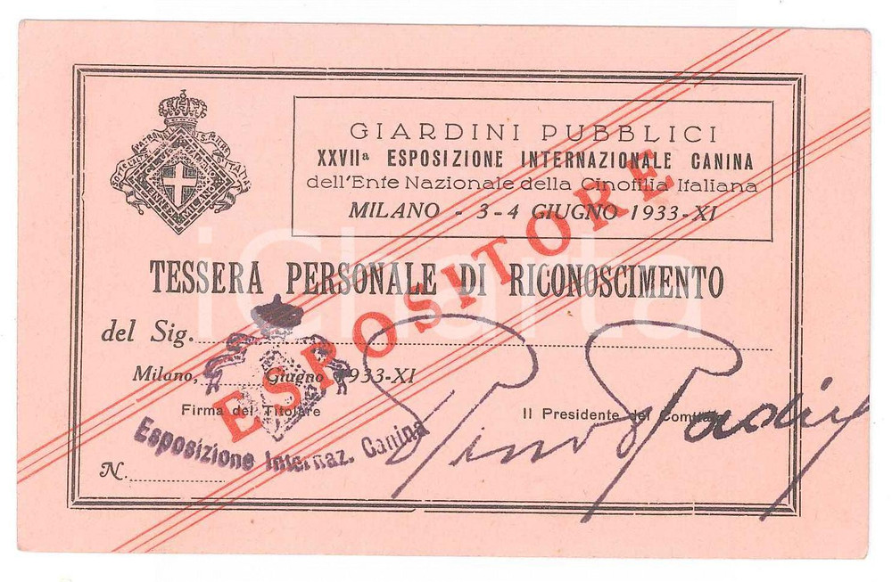 Oggetto da collezione cartaceo 1933 MILANO Ente Cinofilia XXVII Esposizione canina  Tessera espositore 12x7 cm 1
