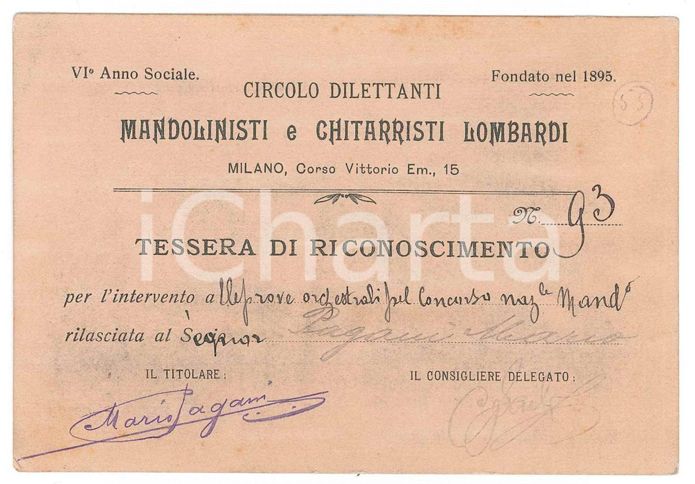 Oggetto da collezione cartaceo 1901 MILANO Mandolinisti e chitarristi lombardi  Tessera circolo dilettanti 1
