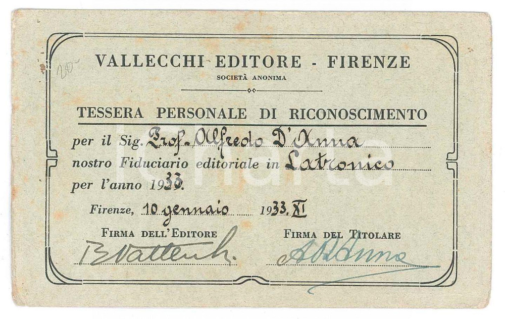 Oggetto da collezione cartaceo 1933 LATRONICO  VALLECCHI EDITORE Tessera di riconoscimento 11x7 cm 1
