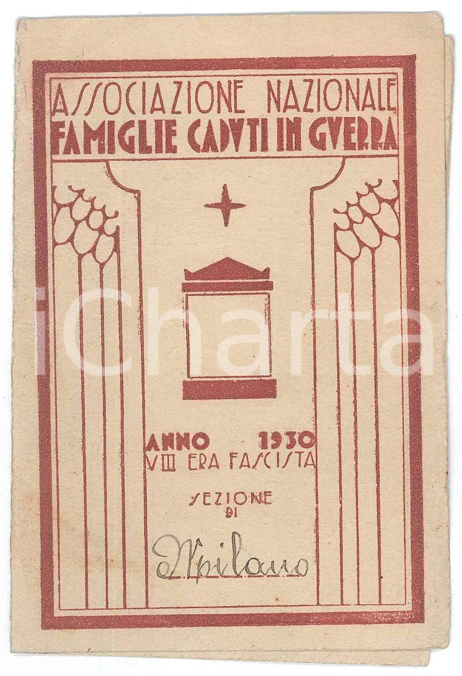 Oggetto da collezione cartaceo 1930 MILANO Ass. Famiglie Caduti in guerra  Tessera di Agostina FONTANELLA 7x11 1