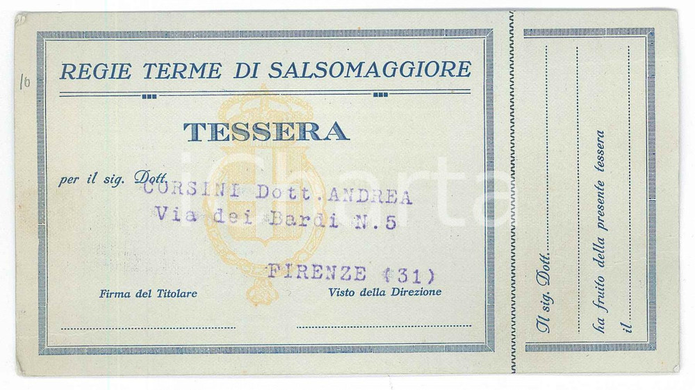 Oggetto da collezione cartaceo 1926 REGIE TERME DI SALSOMAGGIORE Tessera del Prof. Andrea CORSINI 14x8 cm 1