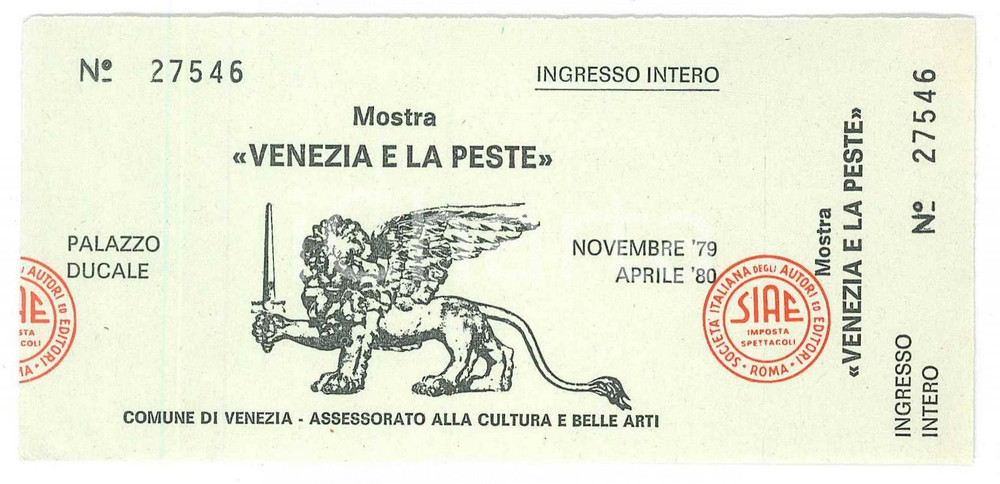 Oggetto da collezione cartaceo 1979 VENEZIA  PALAZZO DUCALE Biglietto della mostra Venezia e la Peste  13x6 1