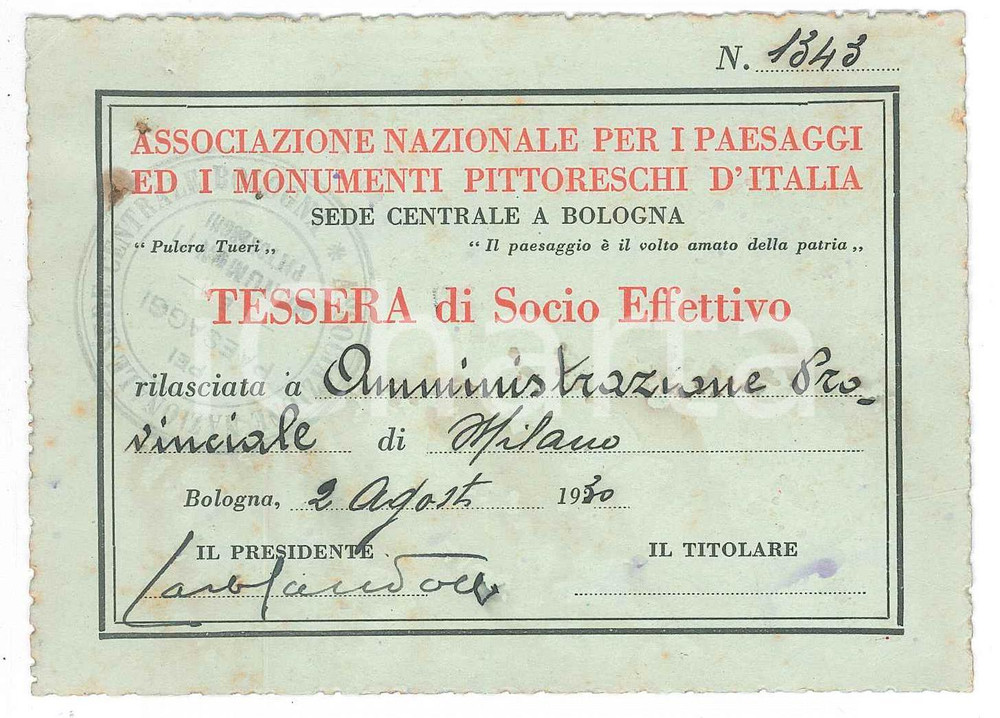 Oggetto da collezione cartaceo 1930 BOLOGNA Associazione per paesaggi e monumenti pittoreschi d Italia Tessera 1
