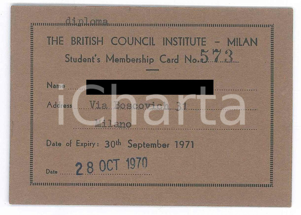 Oggetto da collezione cartaceo 1970 MILANO British Council Institute  Student s membership card  9x7 cm 1
