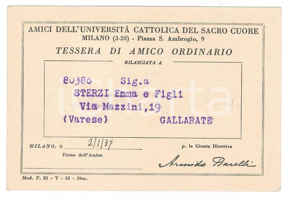 1937 MILANO Amici Università Cattolica del Sacro Cuore - Tessera amico ordinario