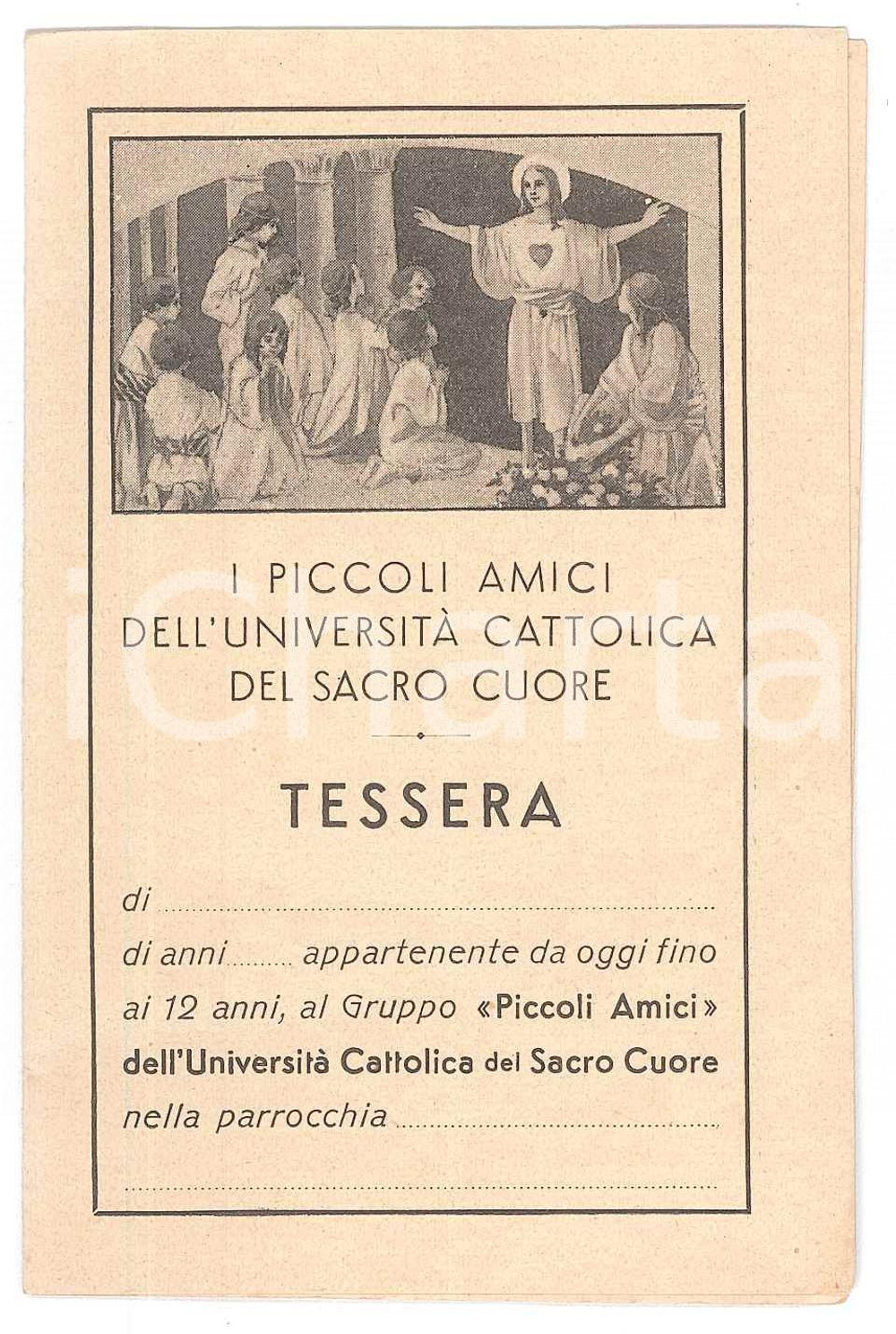 1935 ca MILANO Piccoli amici dell'Università Cattolica del Sacro Cuore - Tessera