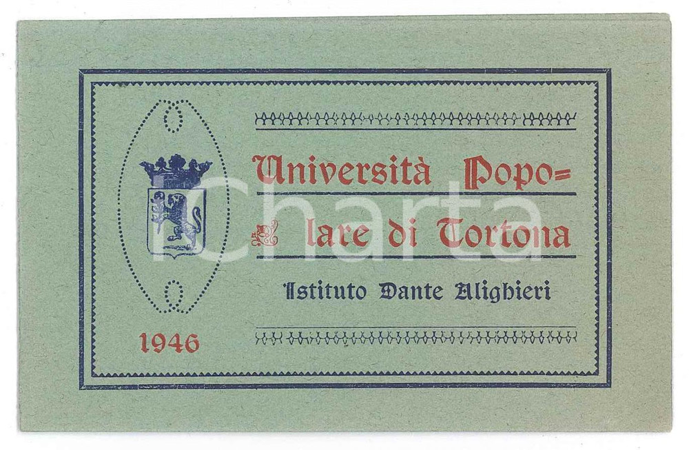 1946 TORTONA UniversitÃ  popolare - Ist. Alighieri - Tessera Ing PIetro BARTALINI Tessera d'epoca. FAIR/discreto Lievi smussature agli angoli Formato: 11x7 cm originale e autentica 1
