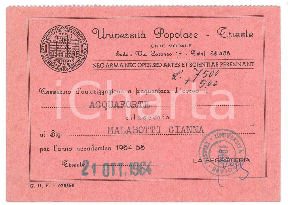 Oggetto da collezione cartaceo 1965 TRIESTE UniversitÃ  Popolare  Tessera per il corso di acquaforte 11x8 cm 1