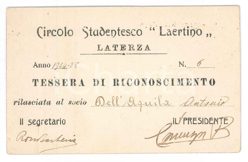 Oggetto da collezione cartaceo 1924 LATERZA Circolo studentesco laertino  Tessera di Antonio DELL AQUILA 11x7 1