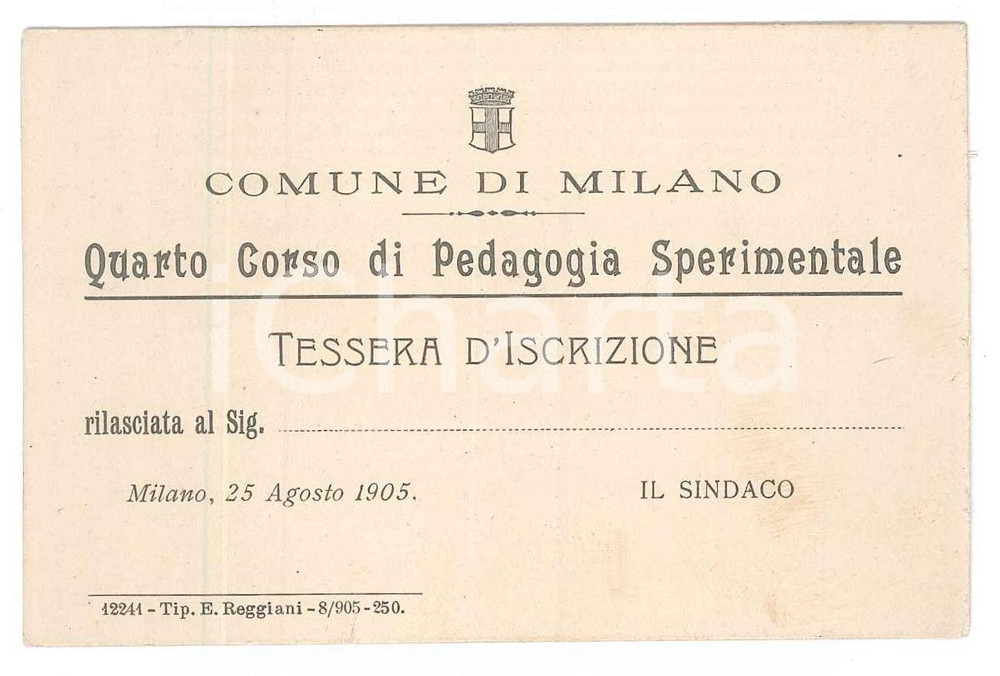 Oggetto da collezione cartaceo 1905 MILANO Quarto corso di pedagogia sperimentale  Tessera 10x7 cm 1