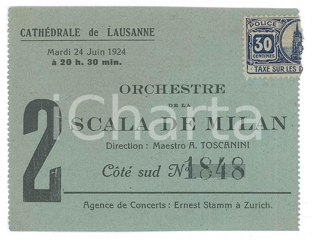 Oggetto da collezione cartaceo 1924 CATHEDRALE DE LAUSANNE Orchestre de la Scala de Milan  Biglietto 10x7 cm 1