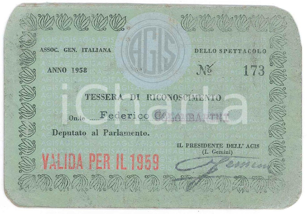Oggetto da collezione cartaceo 1959 AGIS Tessera dell Onorevole Federico COLOMBARINI Deputato al Parlamento 1