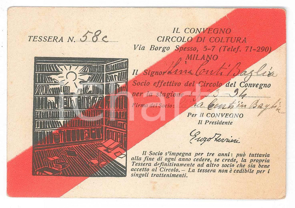 Oggetto da collezione cartaceo 1933 MILANO Circolo di coltura IL CONVEGNO Tessera di Lia CONTI BAGLIA 11x8 cm 1