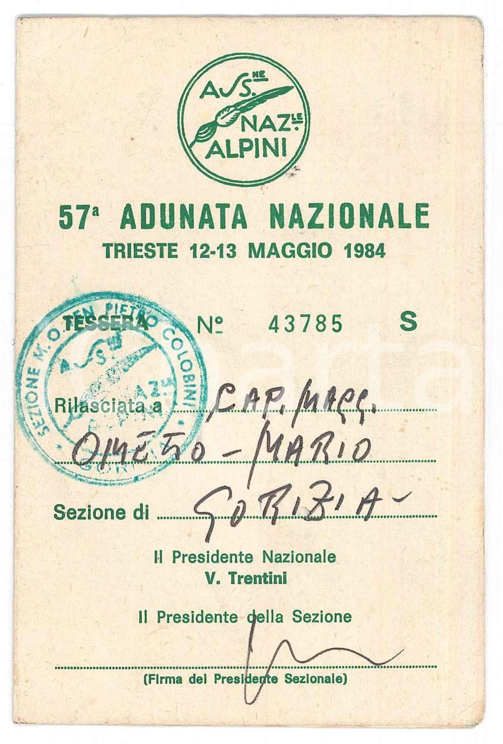 Oggetto da collezione cartaceo 1984 TRIESTE Adunata nazionale ALPINI Tessera Caporal Maggiore Mario ONETTO 1