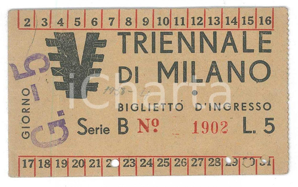 Oggetto da collezione cartaceo 1938 TRIENNALE DI MILANO Biglietto di ingresso  Serie B  9x6 cm 1