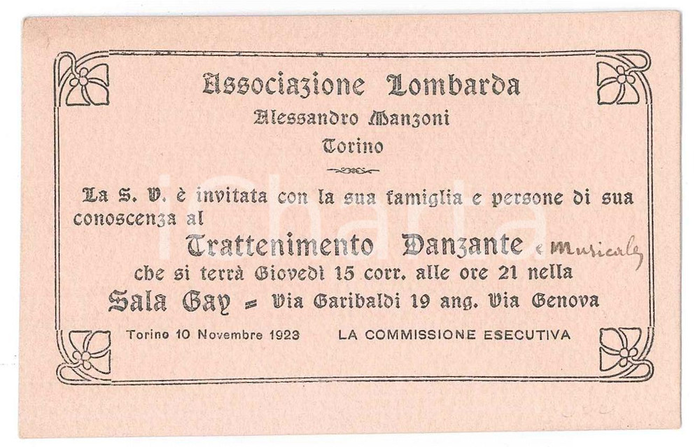 Oggetto da collezione cartaceo 1923 TORINO Ass. Lombarda Alessandro Manzoni  Invito a trattenimento danzante 1
