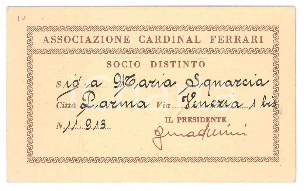 1974 MILANO Associazione CARDINAL FERRARI Tessera socio distinto 11x7 cm