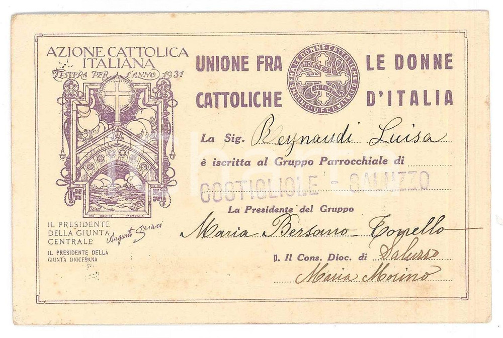 Oggetto da collezione cartaceo 1931 COSTIGLIOLE  SALUZZO Unione donne cattoliche  Tessera di Luisa REYNAUDI 1