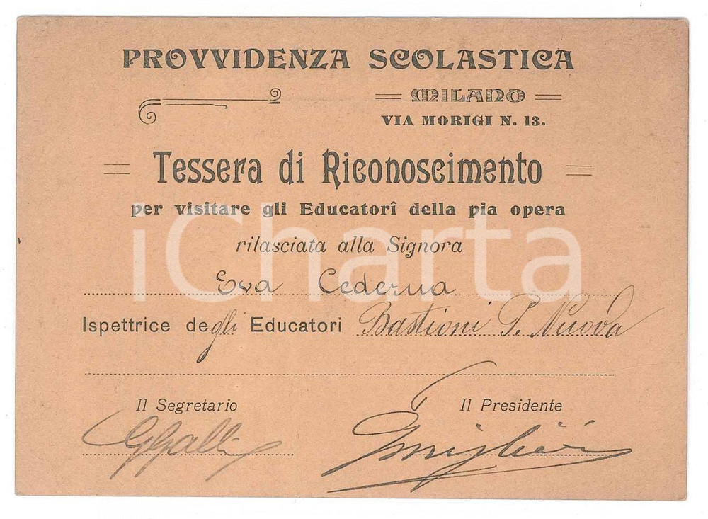 Oggetto da collezione cartaceo 1900 ca MILANO Provvidenza scolastica  Tessera ispettrice BASTIONI PORTA NUOVA 1