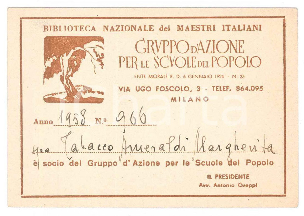 Oggetto da collezione cartaceo 1958 MILANO Gruppo per scuole del popolo  Tessera Margherita TABACCO AMERALDI 1