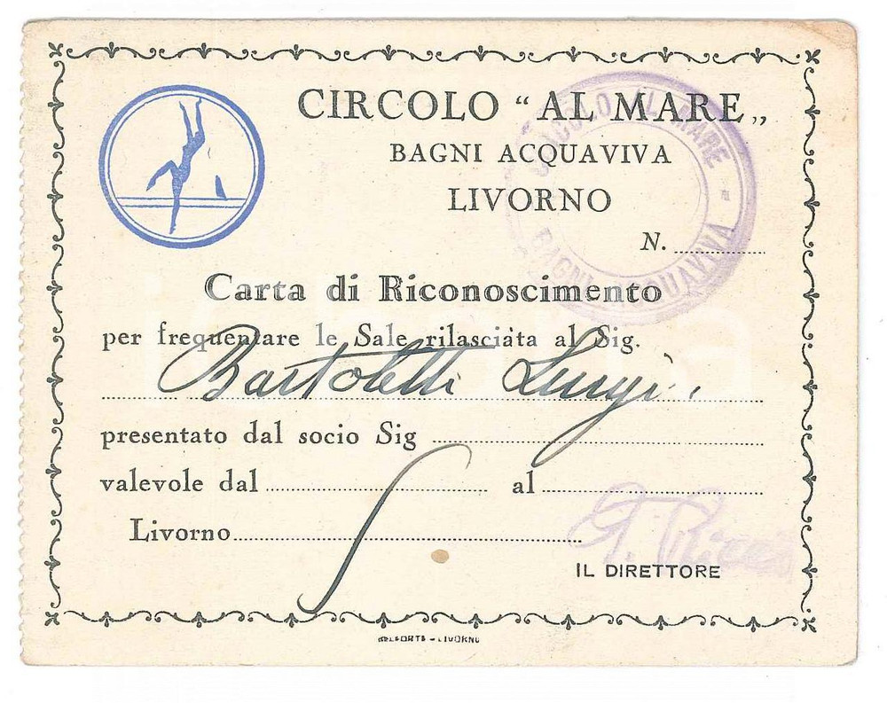 1910 ca LIVORNO Bagni Acquaviva - Circolo "al mare" - Tessera 10x8 cm