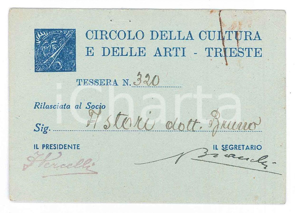 Oggetto da collezione cartaceo 1920 ca TRIESTE Circolo cultura e art  Tessera di Bruno ASTORI 10x7 cm 1