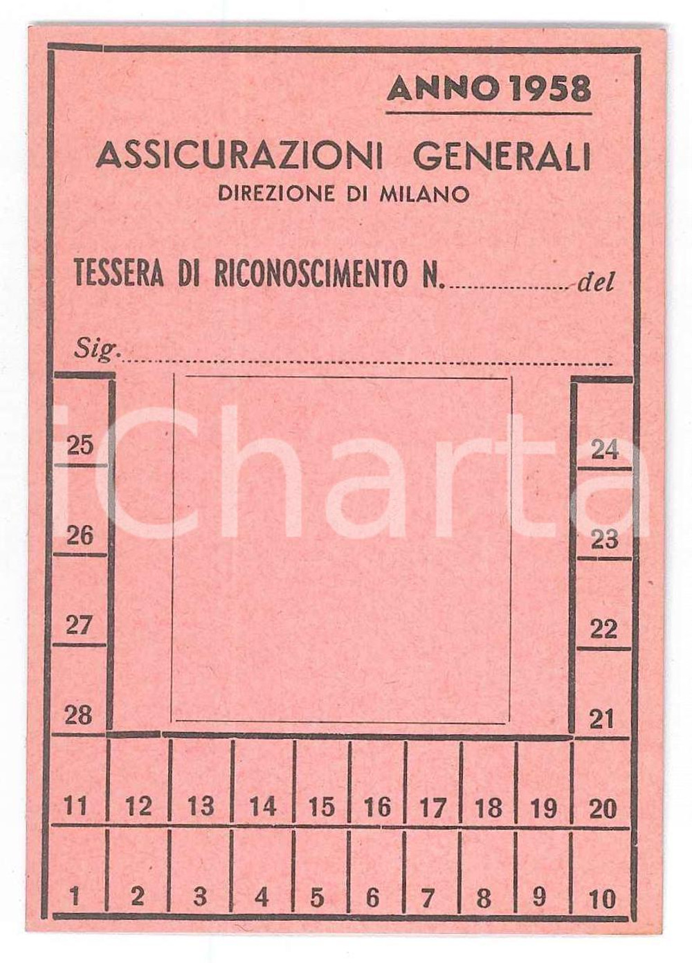Oggetto da collezione cartaceo 1958 MILANO Assicurazioni Generali  Tessera di riconoscimento 7x10 cm 1